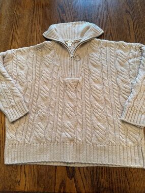 Cable Knit fisherman Half Zip Sweater boxy Oatmeal Top Shop S